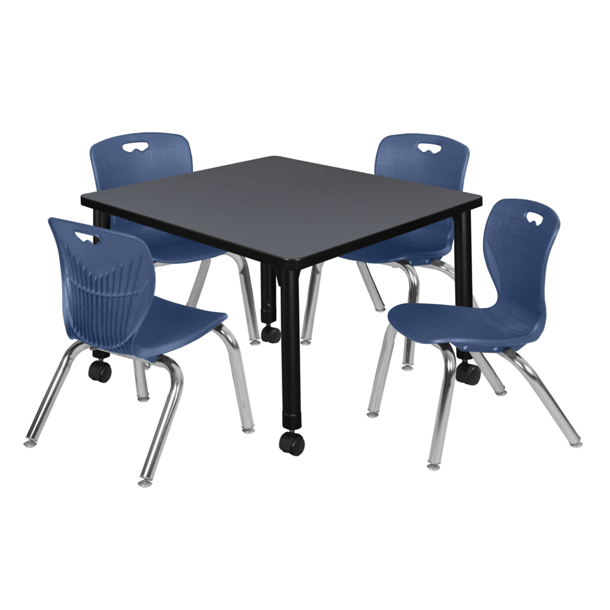 Regency Kee Mobile Adjustable Classroom Table and 4 Andy Stack Chairs Set — 30in. Square, Grey/Blue, Model# TB3030GYAPCBK45NV